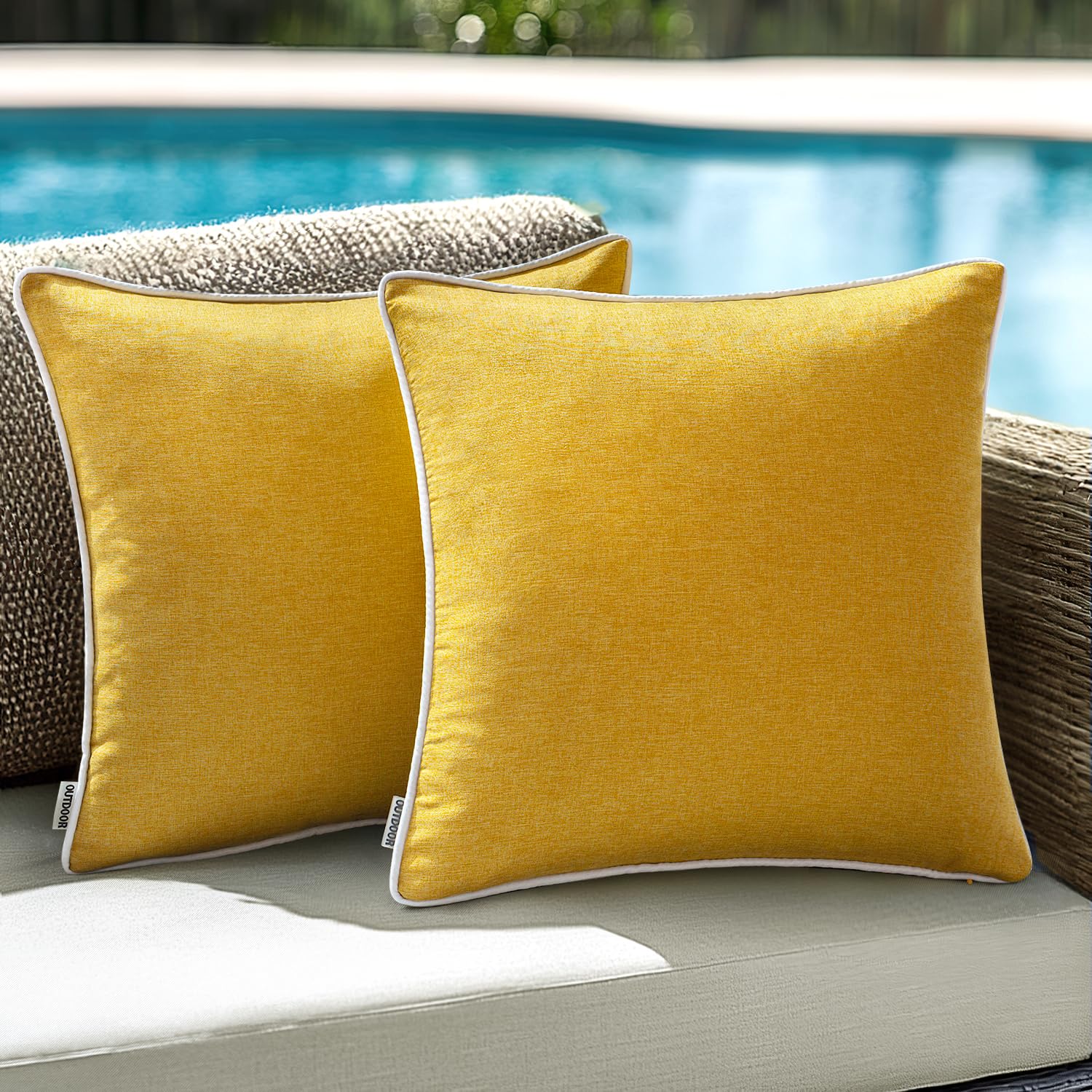 Anroduo Set Of 2 Outdoor Waterproof Pillow Covers 18X18 Inch Yellow Decorative Throw Pillow Covers Linen Square Solid Color Couc